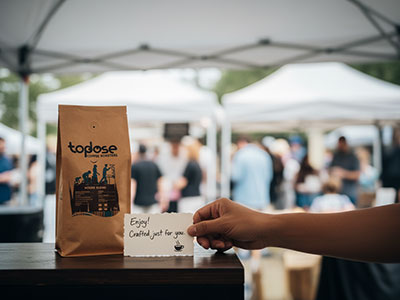 A hand holds a note reading “Enjoy! Crafted just for you,†next to a bag of Topdose wholesale coffee beans at an outdoor market with white tents—showcasing the finest wholesale coffee Johannesburg has to offer. Top Dose Roasters