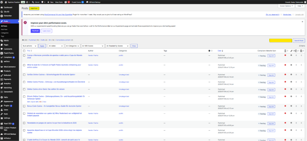 Screenshot of a WordPress admin dashboard showing the "Posts" section filtered by "industries," featuring multiple blog posts and options like how to add post or create blog post, along with titles, authors, categories, tags, and publication dates. Top Dose Roasters