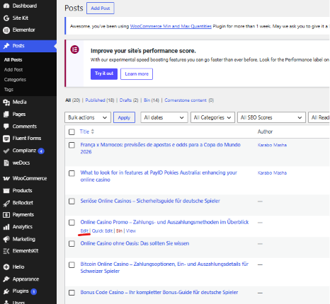 WordPress dashboard displaying the Posts section with a list of articles, sidebar menu options, and a site performance notice at the top—ideal for users learning how to add post or manage content efficiently. Top Dose Roasters