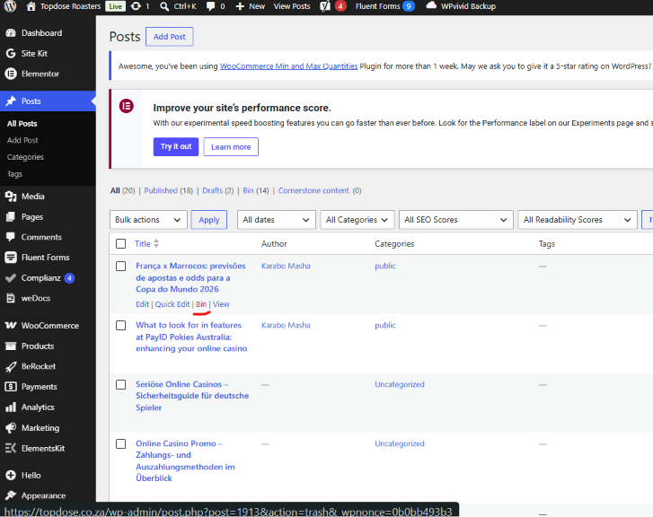 WordPress admin dashboard showing the Posts section, with a list of published and draft posts, plugin notices, and the "Add New Post" option in the left sidebar for users learning how to add post content easily. Top Dose Roasters
