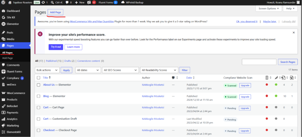 Screenshot of the WordPress Pages dashboard displaying a list of website pages, their authors, SEO scores, and status options, with the “Add New Page” button highlighted to show how to add page easily. Top Dose Roasters